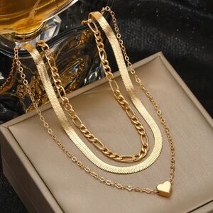 🆕Gold Stacking Elegant Layered Heart Charm Snake & Cuban Chain Necklace Set of 3